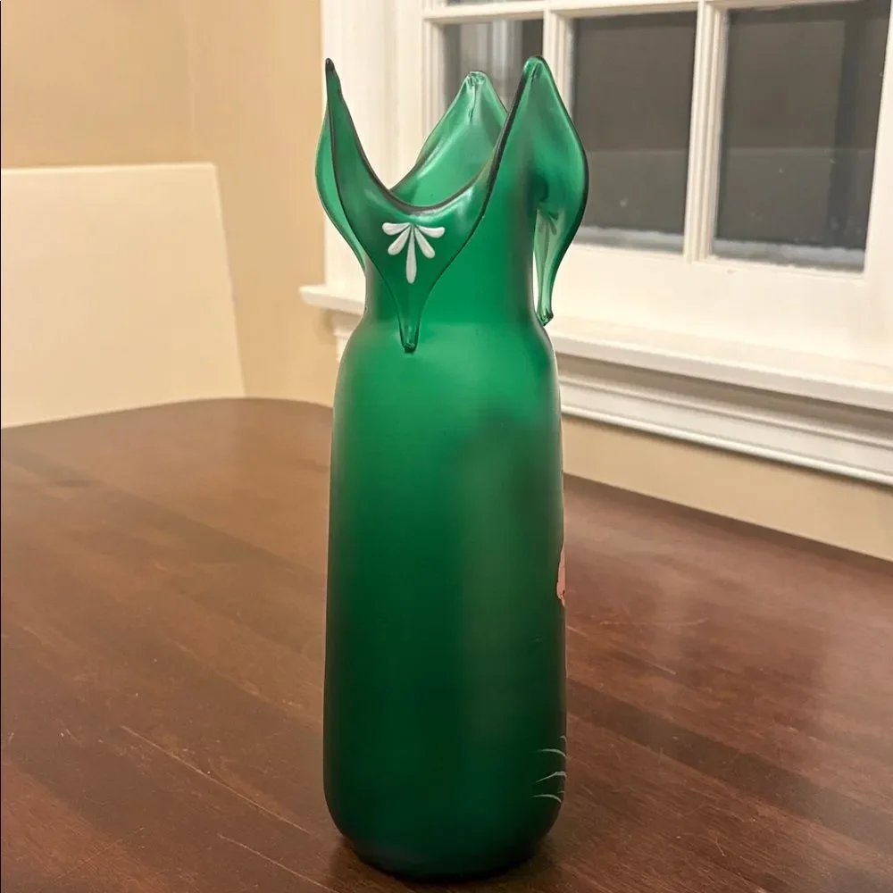 Vintage Green Ruffled Satin Glass Vase 10.5” Hand Enameled